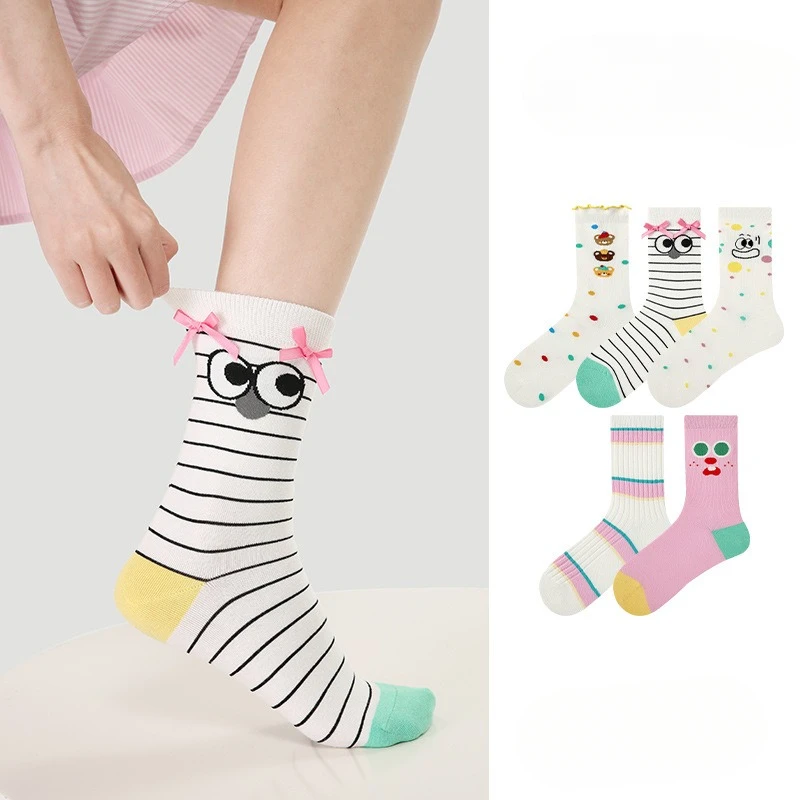 【5 Pairs】Medium Tube Socks Women's Spring Cute Girl Style Bow Bear Combed Cotton Student