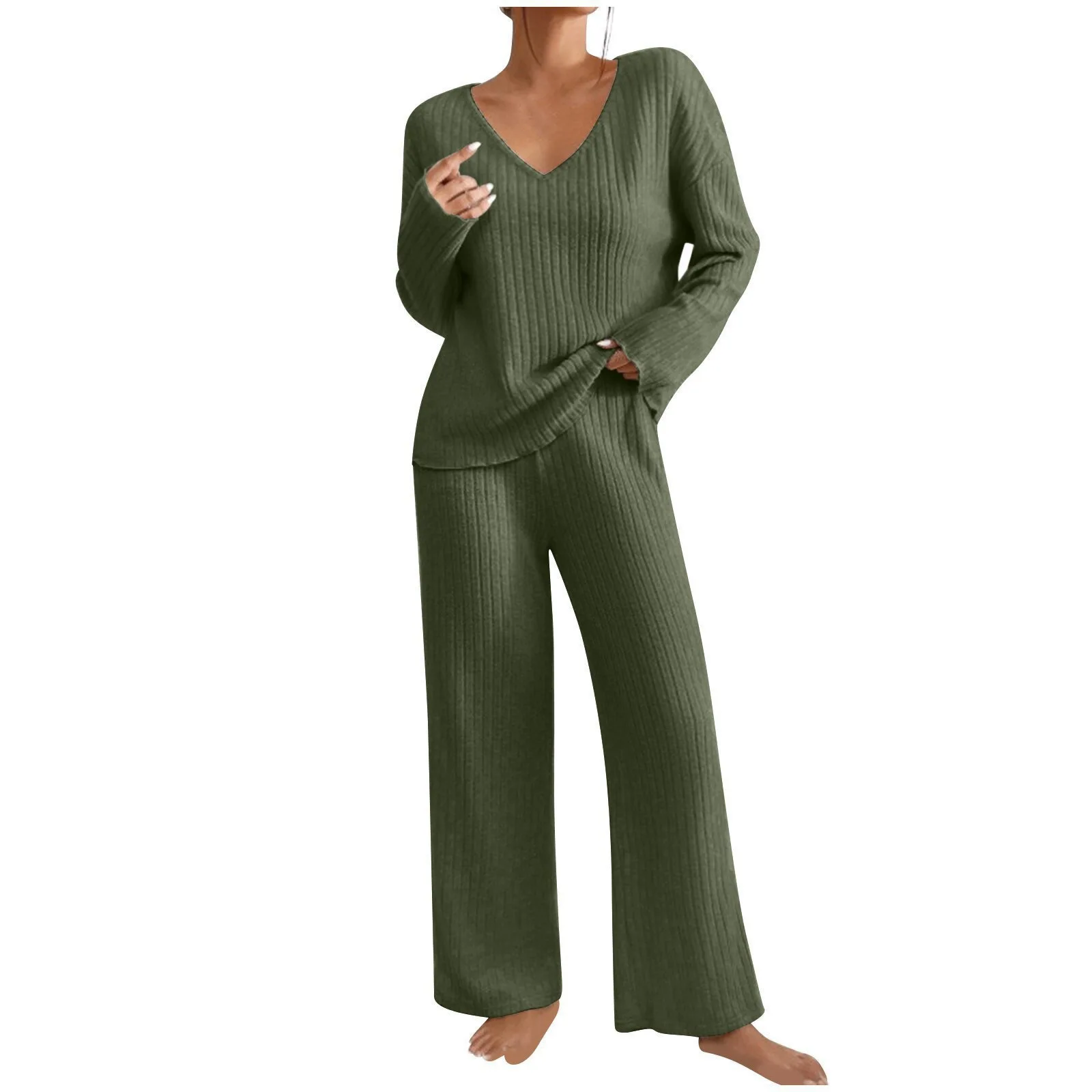 Damen Geripptes Strick-Zweiteiler-Set V-Ausschnitt Langarm-Oberteil Weite Hose Herbst Locker Lässige Loungewear Eleganter Hausanzug – Detail 3