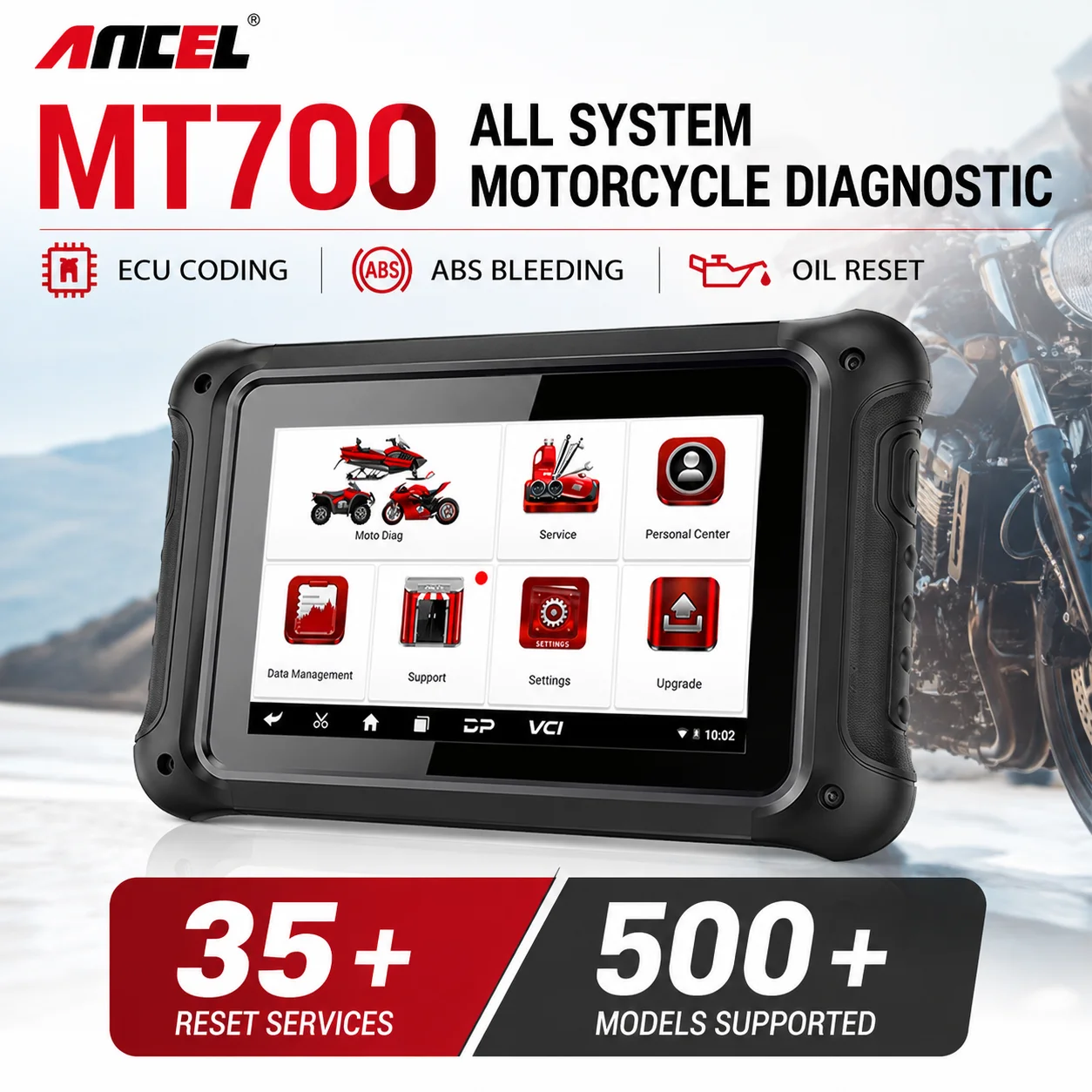 

All System Motorcycle OBD2 Scanner ANCEL MT700 AF Reset Oil Reset ABS Bleeding 31 Resets Diagnostic Scan Tool for 16 Brands