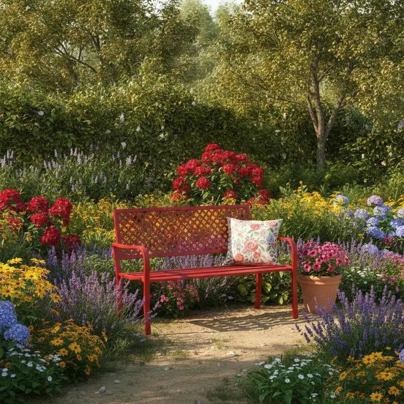 Banc de jardin en métal pour 2 personnes avec assise et dossier à lattes - Rouge. Idéal pour les aménagements de jardin pour accueillir de petites réunions et des pauses thé de l'après-midi avec des proches et des amis.