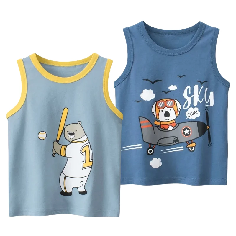 2024 Summer New Cartoon Bear Boys Vest Beach Sea Children\'s Clothing Sleeveless Cotton Tops T-Shirt Kids Clothes 2-10 Years Old