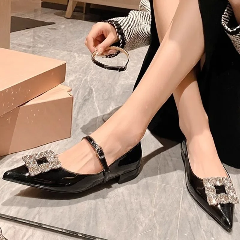 2024autumn New Style Fashion Rhinestone Square Buckle Womens Shoes Elegant Shallow Mouth Genuine Leather Party Ladies Flat Shoes