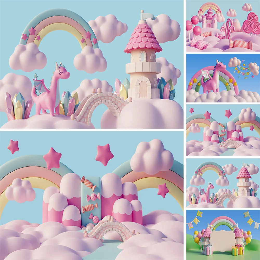 

Mocsicka Baby Birthday Backdrop Pink Unicorn Rainbow Castle Girl 1st Birthday Cake Smash Photography Backgrounds Kid's Wallpaper