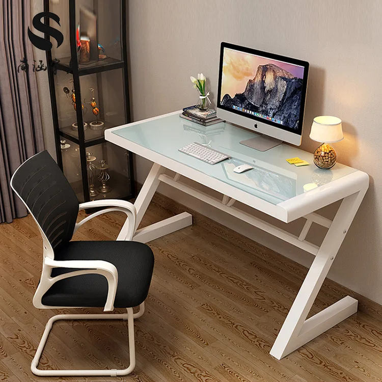 ！@Simple Toughened Glass Computer Desk Home Learning Z-shaped  Leg Design Desk Gaming  Table