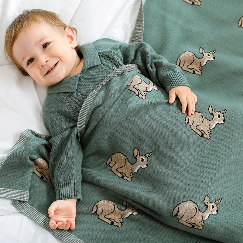 Baby Clothes Set Cotton Knit Infant Boy Romper Long Sleeve +Blanket 100*80CM Newborn Solid Jumpsuit +Quilt Cute Deer Soft Covers