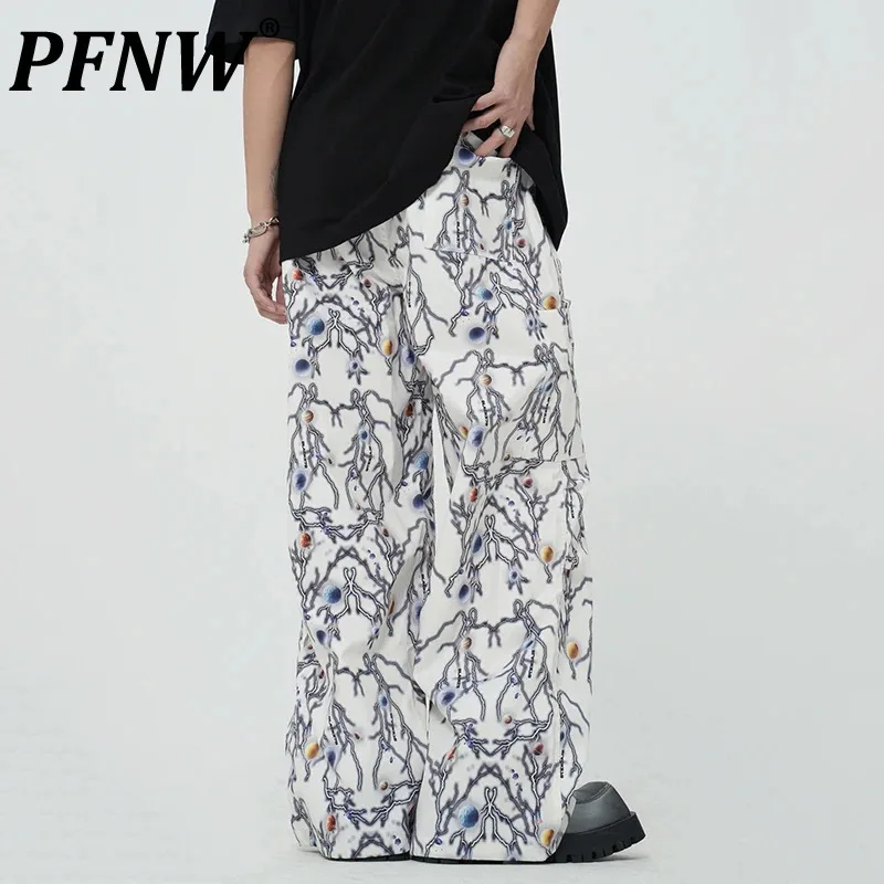 

PFNW Niche Design Men's Pants Printing Drawstring Autumn Trendy Straight Wide Leg Elastic Waist Male Bottom New 2024 12C825