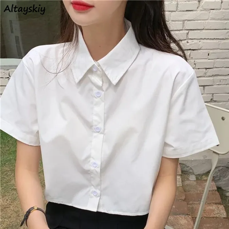 

Preppy Style Shirts for Women White Young Girls Clothing Summer Short Sleeve Turn-down Collar All-match Casual Soft Solid Ins