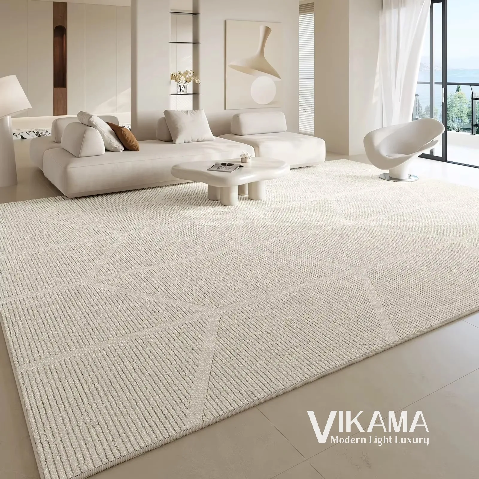 VIKAMA Art Lines Cream Style Light Luxury Carpet Minimalist Beige Geometry Large Area Living Room Bedroom Easy to Clean FloorMat