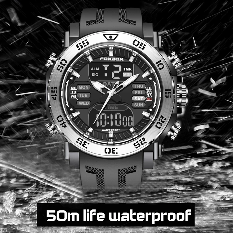 FOXBOX Military Watch Waterproof Wristwatch Alarm Watches Mens Sport Dual Display Watch Digital Watch for Men Relogio Masculino