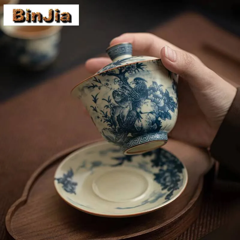 150 مللي العتيقة رو فرن الخزف Gaiwan الجمالية زهرة والطيور الحبر Sancai الشاي تورين صنع غطاء مجموعة أوعية جمع لوازم #2