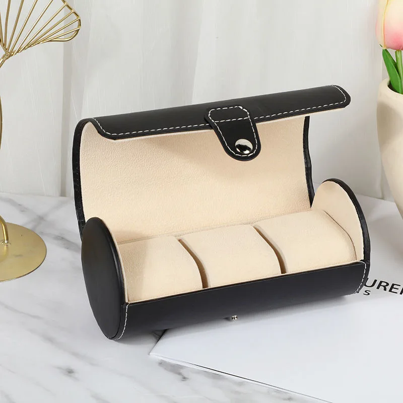 WellZone Black/Brown Color 3 Position Cylindric PU Leather Watch Protection Case Portable Watch Storage Box
