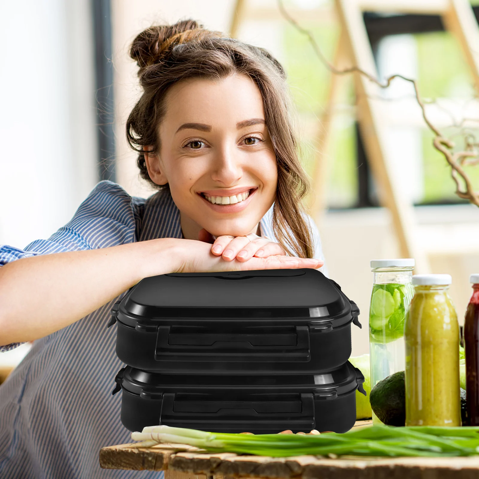 

1 Set Of 2000Ml Thermal Lunch Box Black Insulated Food Serving Plate Portable Kitchen Dining Container For Students Workers