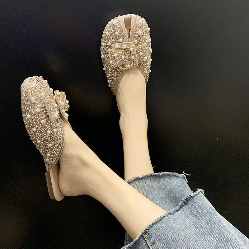 

New Summer Women Crystal Slippers 2026 Girls Sweet Bows Bling Slippers Closed Toe Slip On Mules Shoes Casual Slides Flip Flop