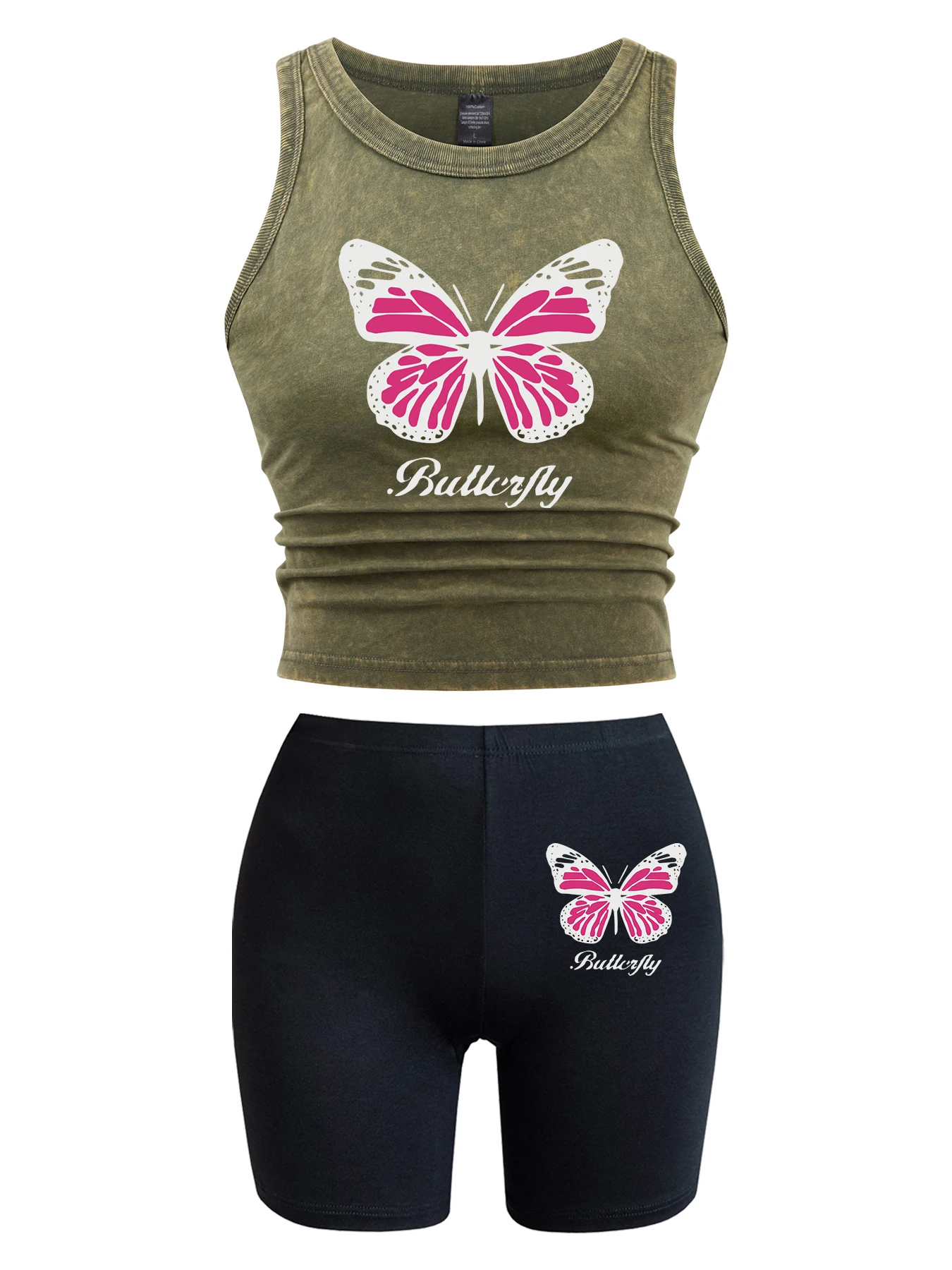 Creative Pink Butterfly Printing Washed Tank Top Female Cotton Short Sets Street Casual Elastic Pants Crop Slim Vest Set