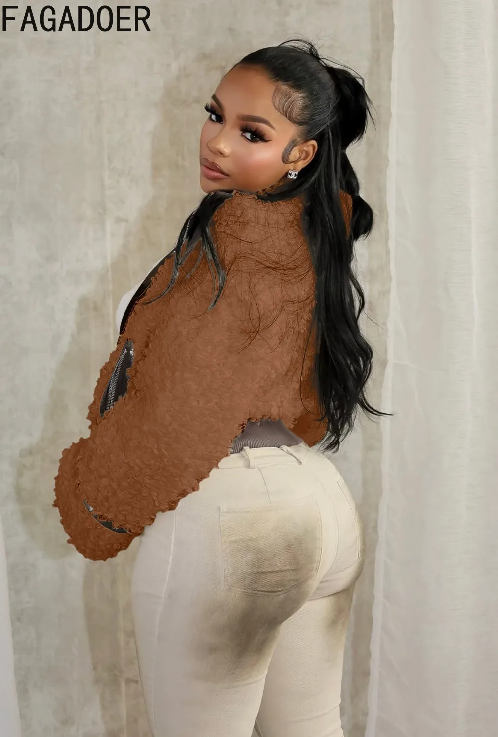 FAGADOER شتاء جديد عادية جلدية الفراء المرقعة معطف المرأة بلون طويل الأكمام جاكيت زيبرا ملابس الشارع الشهير الإناث #4