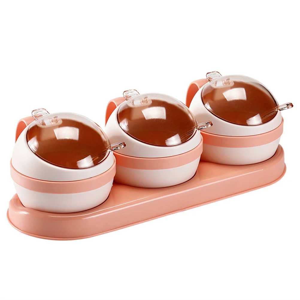 

3pcs 3-Cell Ball Shape Condiment Container Kitchen Spice Storage Pot Pink With Spoons Food-Grade Pp Seasoning Jar For Oil