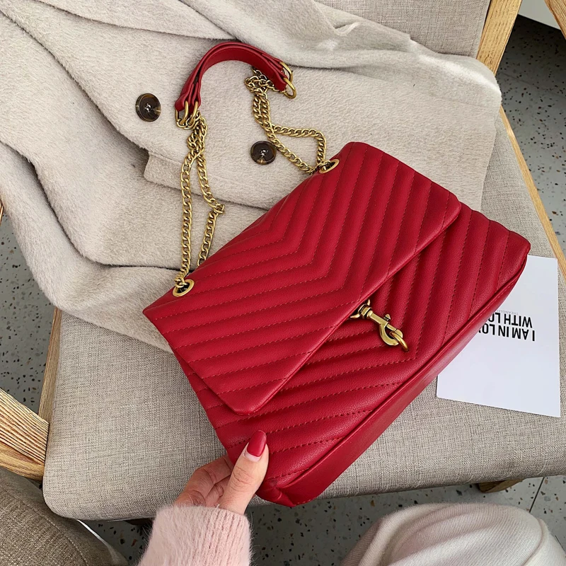 Solid Color PU Crossbody Bag 2023 New Ladies Exquisite Lock Spacing Layered Chain Shoulder Bags Elegant Luxury Classic Handbag