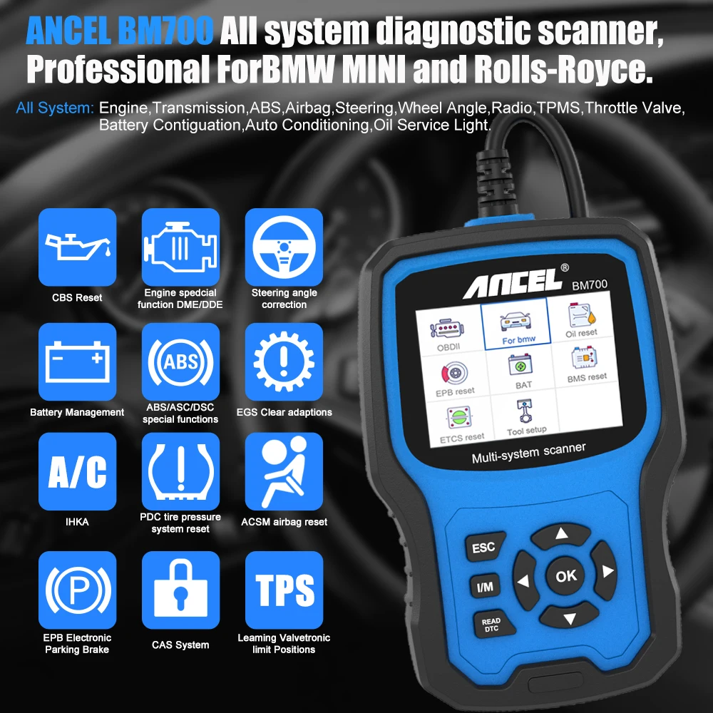ANCEL BM700 OBD2 Scanner Full System Diagnostic Tool Injector Coding EPB SAS Airbag ABS Oil Reset Automotive Code Reader For BMW