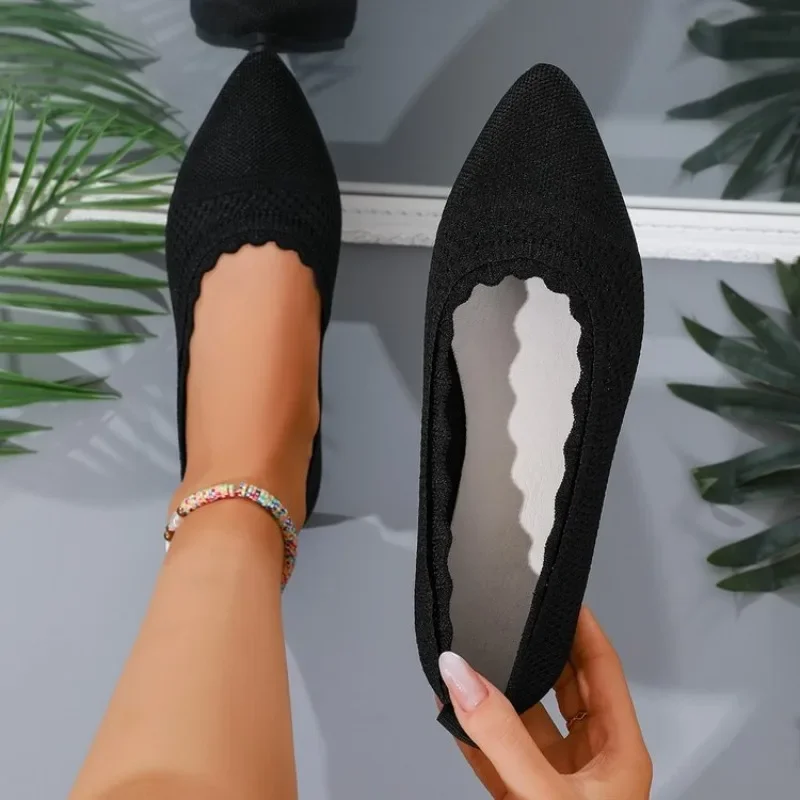 Pointed Toe Knit Ballet Flats Women Scalloped Edge Breathable Slip On Shoes