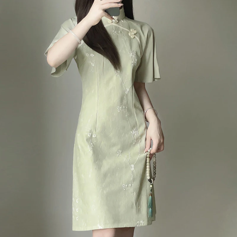 

Summer Chinese Style Vintage Elegant Fashion Bodycon Dress Ladies Short Sleeve Temperament Slim Robe Vestidos Women's Cheongsam