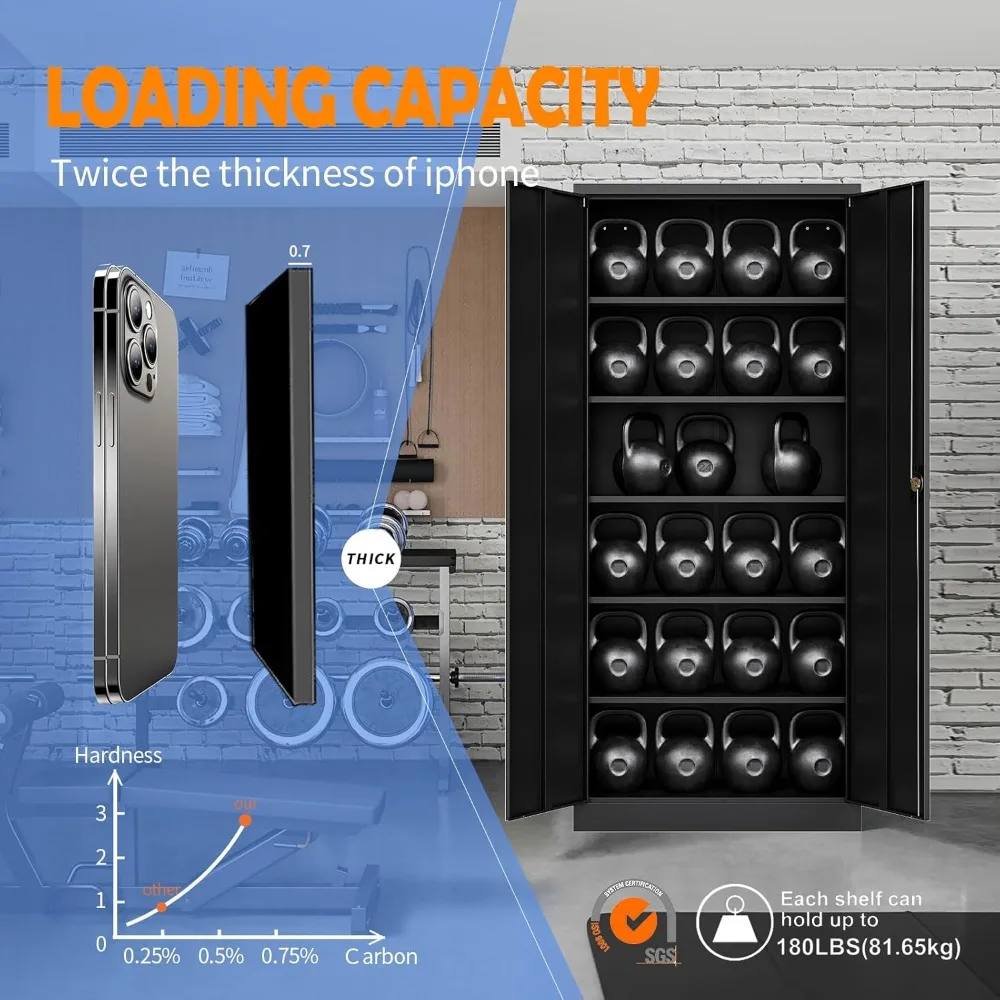 خزانة تخزين جراج معدنية مع قفل، خزانة أدوات قفل 71 بوصة مع بابين و5 أرفف، خزانة فولاذية طويلة للمرآب، Hea