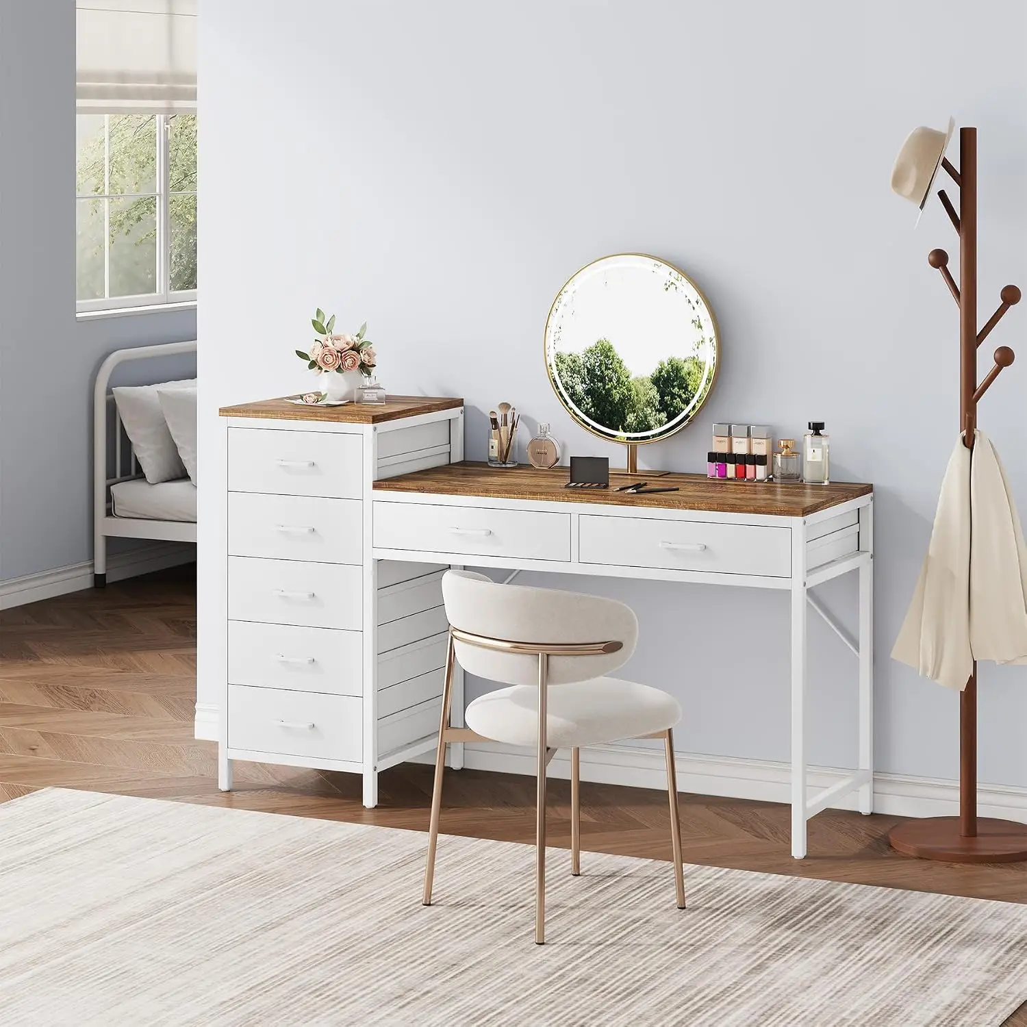 55 in Vanity Desk with 7 Drawers, Reversible Drawer Makeup Table for Women Girls Bedroom Dressing, White Brown, Customized