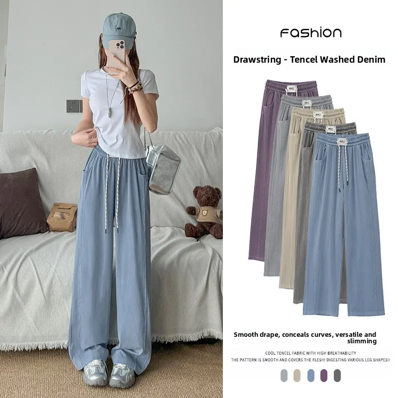 

Women's Casual Baggy Jeans Lycra Silk Elastic Waist Thin Flexible Straight Leg High Waist Deep And Light Colors Spring Fashion