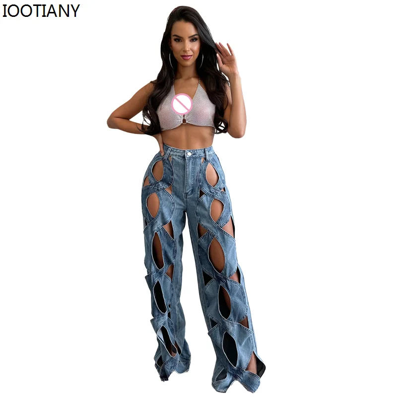 New European And American Personality Twisted Hollow Women Jeans Stretch Sexy Denim Mopping Pants Loose Large Straight Trousers