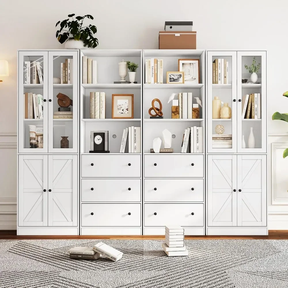 

71" Tall Bookshelves Set of 4, 2 Bookcases with Drawers & 2 Bookshelves with Doors, White Floor Standing Display Storage Shelves
