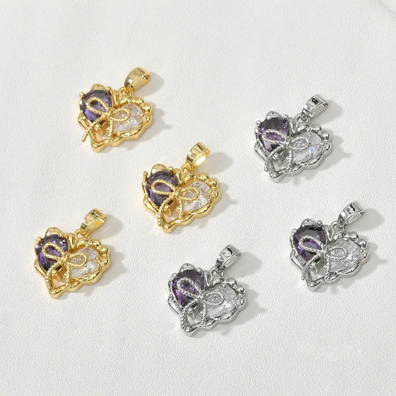 18k Plated Gold Color Retention High-end Bow Contrasting Purple Zirconium Love Pendant DIY Bracelet Necklace Jewelry Accessories