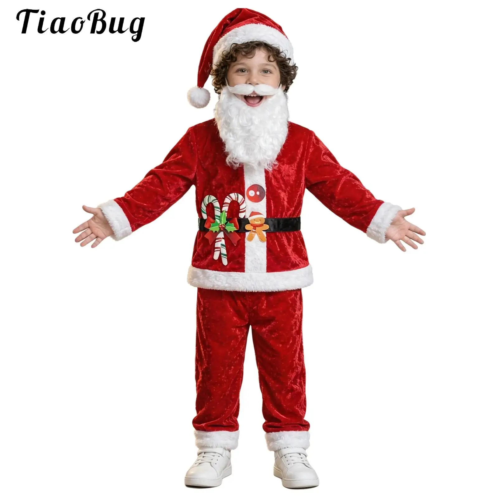 Kids Christmas Santa Claus Costume Boys Velvet Long Sleeve Printed Top with Pants Hat Beard Children Festival Xmas Party Suits