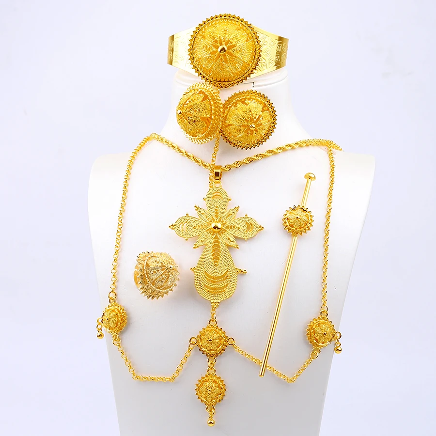 Cross border Dubai 24K Gold Jewelry Set African Bride Necklace Earring Ring Bracelet Hairpin Head Chain Six Piece Set