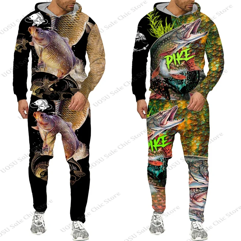 Four Season 3D Carp Fishing Hunting Camo Printed Men's Hoodie Pants Tracksuit Set Sportswear Long Sleeve Men Clothes Hoodie/Suit