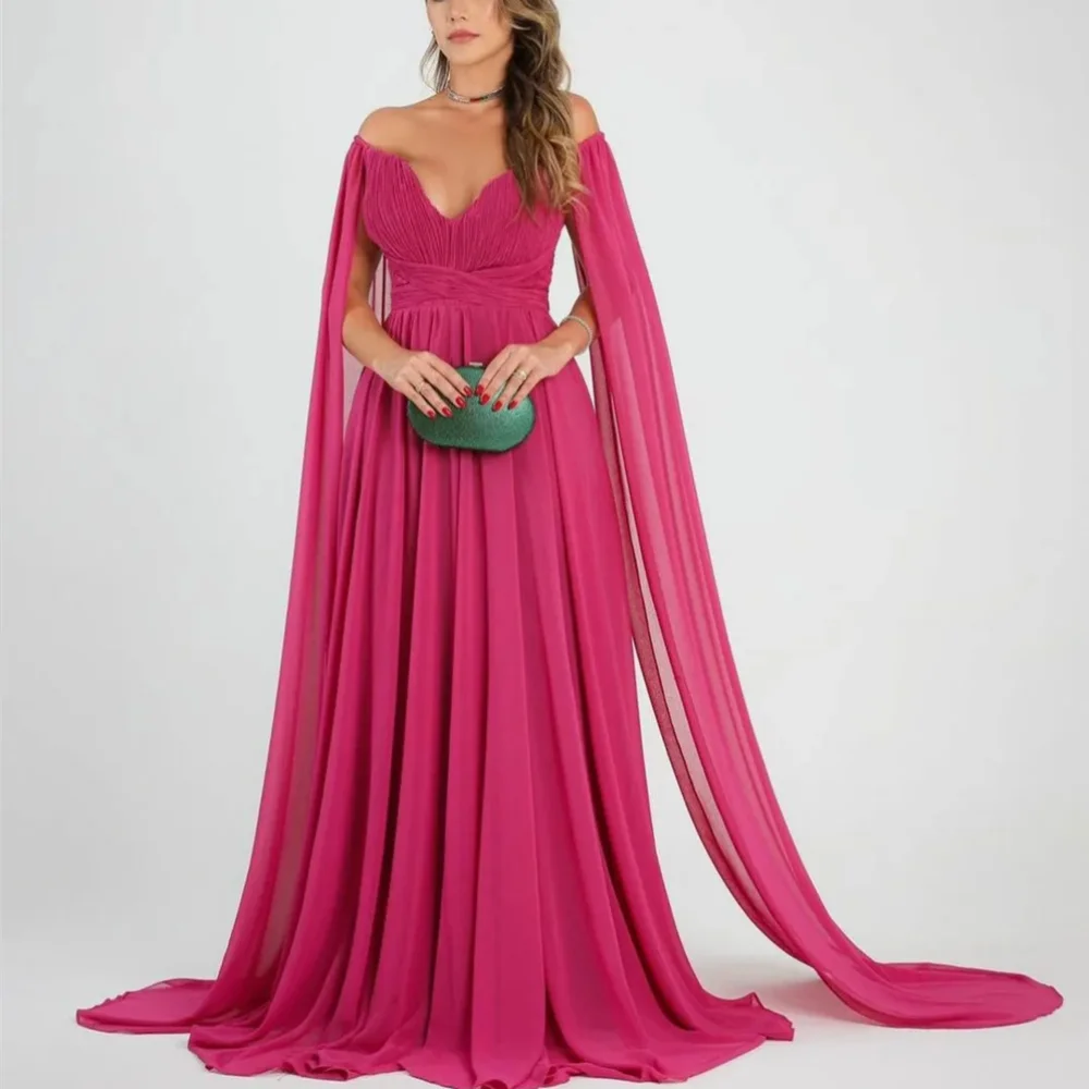 

Sexy Long Fuchsia V Neck Chiffon Evening Dresses Full Sleeves A Line Sweep Train Vestidos Elegantes Feminino