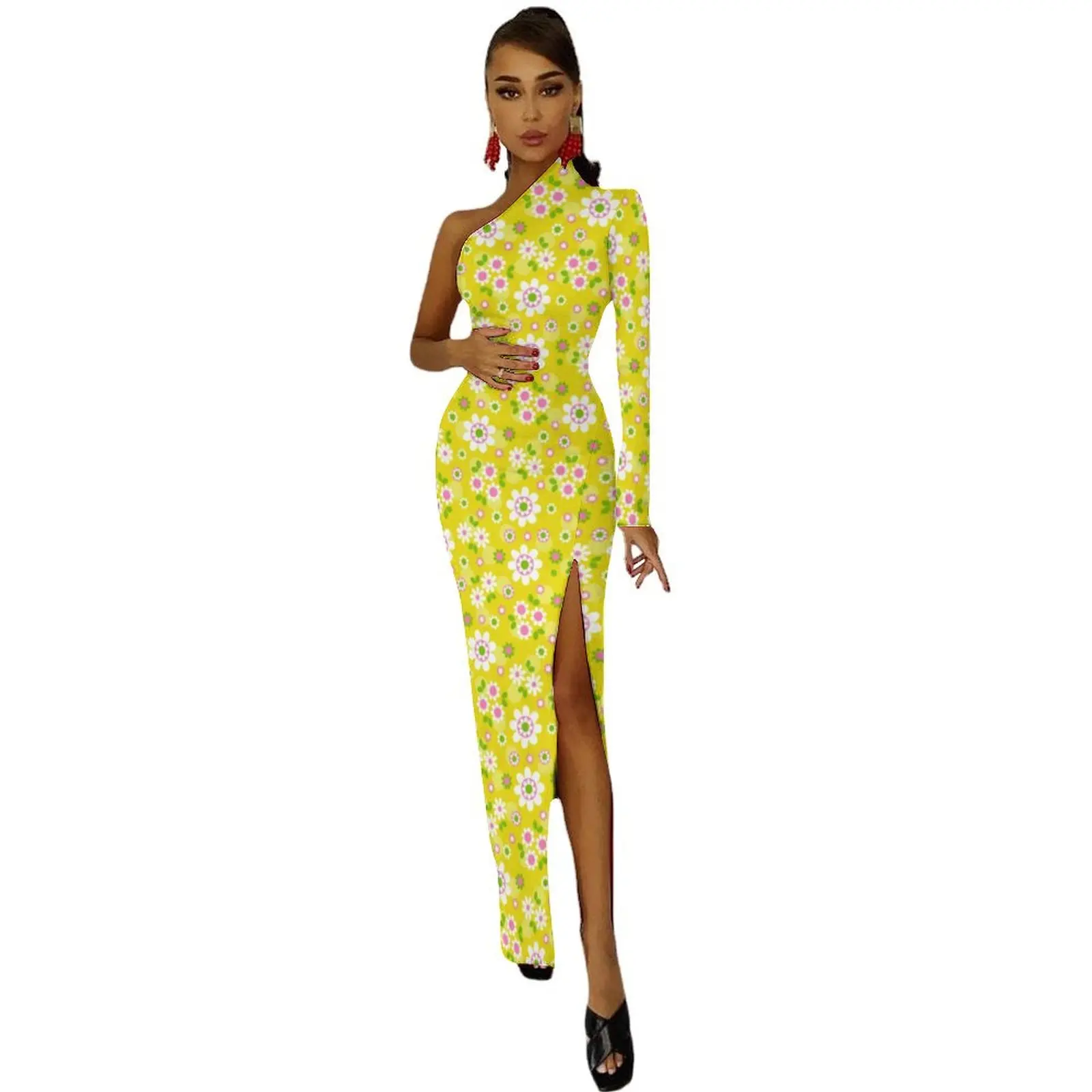 Retro Mod Bodycon Dress Spring Flowers Yellow Print Trendy Side Split Long Dresses One Shoulder Custom Street Style Dress