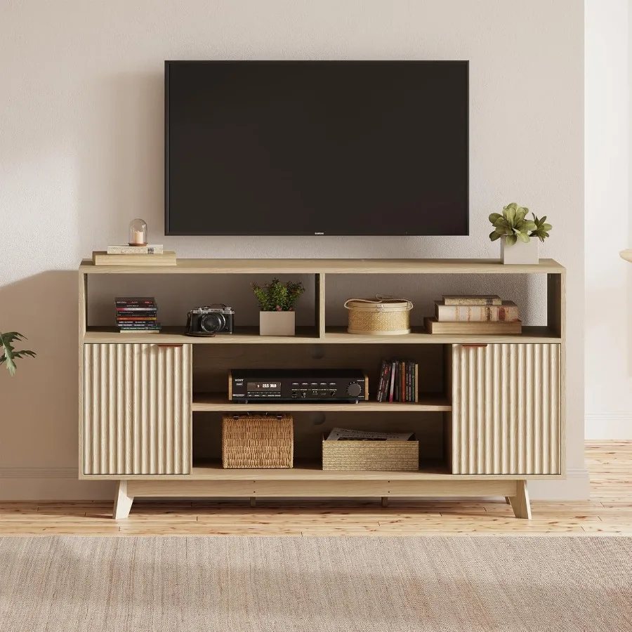 ตู้วางทีวีสไตล์มิดเซ็นจูรี่โมเดิร์น ขนาด 59 นิ้ว พร้อมที่เก็บของ ตู้วางทีวีทรงสูงพร้อมบานประตูแบบร่อง 2 บาน เหมาะสำหรับ