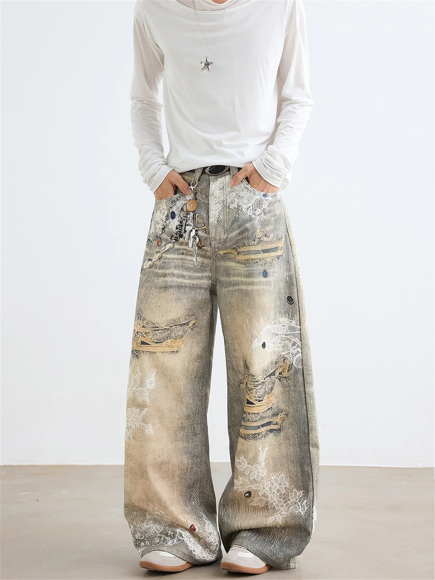 

Women Yellow Baggy Y2k Oversize Graffiti Jeans Japanese 2000s Hip Hop Jean Pants Vintage Harajuku Denim Trousers Autumn Clothes