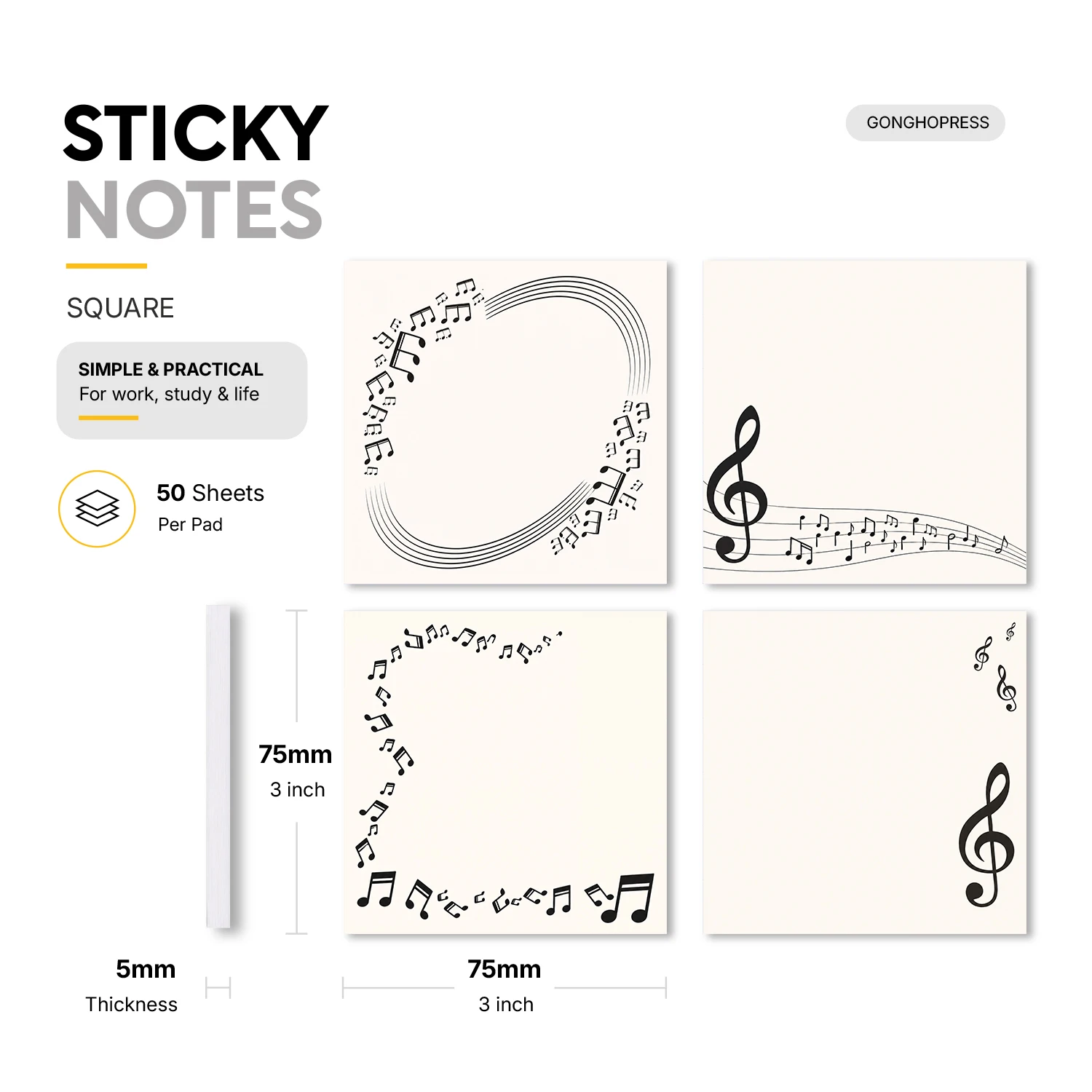 4pcs Music Sticky Notes Set, Musical Notes Treble Clef Self Stick Memo Pads, 200 Sheets Total, Simple Music Theme Notepads