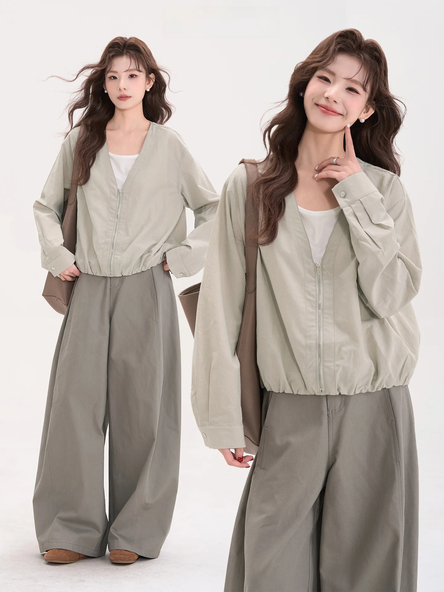 

Женская повседневная куртка Heme Spring с молнией, V-образным вырезом, имитация двухслойности, длинный рукав, стандартная длина, модная верхняя одежда