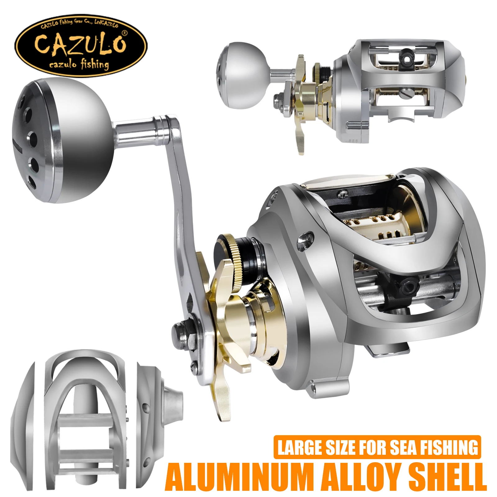 CAZULO Vollaluminiumlegierungsgehäuse und Basis-Baitcastingrolle, große Tiefseefischrolle, Salzwasser, wasserdicht, 16 kg Zugkraft, 6,4:1