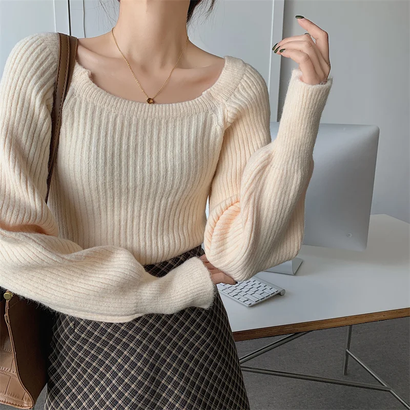 

REALEFT осень-зима женский свитер с квадратным воротником и рукавами-фонариками, новинка 2025 года, повседневные свободные корейские короткие вязаные пуловеры женские