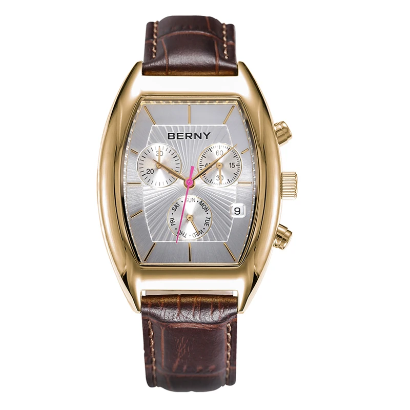 BERNY Men Quartz Watch Top Brand Luxury Swiss Barrel Wristwatch Leather Strap Multifunction Waterproof Chronograph Watch for Men