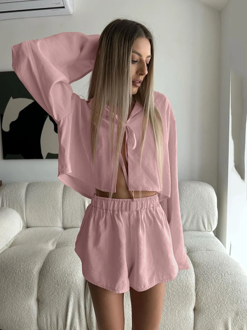 

Marthaqiqi Pink Women Nightgowns Set Turn-Down Collar Pajama Long Sleeve Sleepwear Crop Top Nightie Shorts Ladies Nightwear Suit