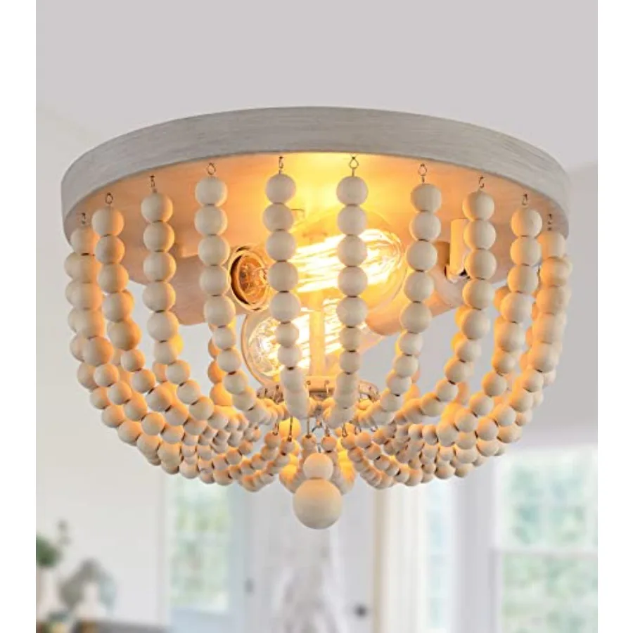 

Boho Chandelier Wood Beaded Flush Mount Ceiling Light Fixtures for Nursery Baby Bedroom Kitchen HallwayOak Finish 2-Lights