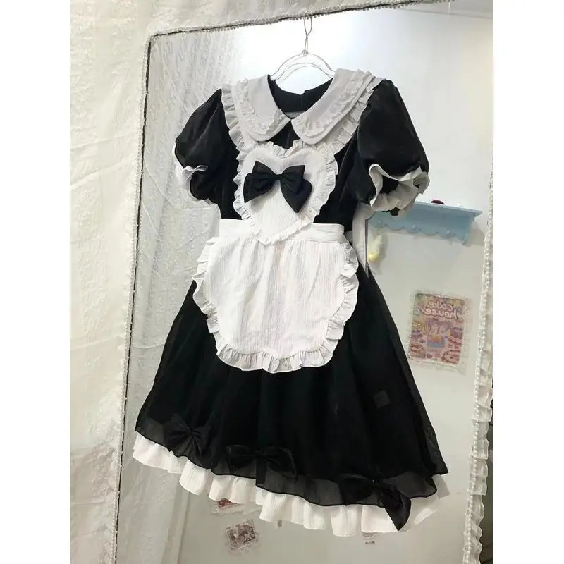 MAGOGO 3 Colors Bow Tie Lace Trim Short Puff Sleeve Lolita Dresses with Apron Women Summer Kawaii Anime Maid Cosplay Costumes