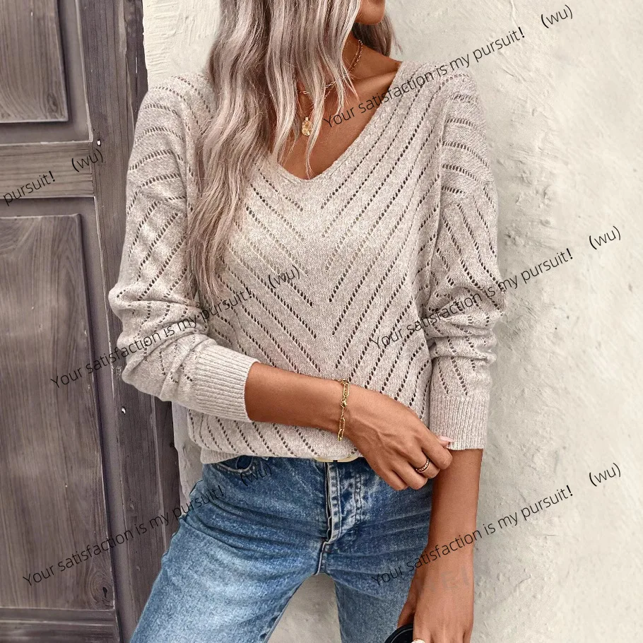 Sweater rajutan wanita model Eropa dan Amerika terbaru untuk musim gugur dan musim dingin, berlubang, longgar, kasual, lengan panjang.