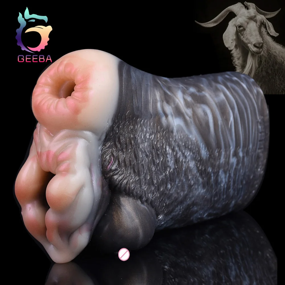 GEEBA New Soft Silicone Male Masturbator Dual Channel Animal Goats Aircraft Cup Realistic Vagina Pocket Pussy Sex Toy For Adults