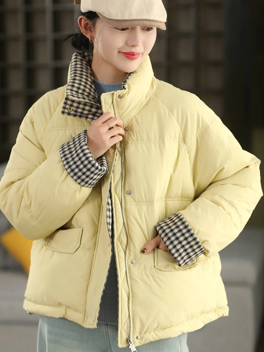 

Thiened Woolen Inner Cotton Jaet ort Sle Sandwich Plaid Warm Winter Coat Bread Design Cotton Padded Outerwear