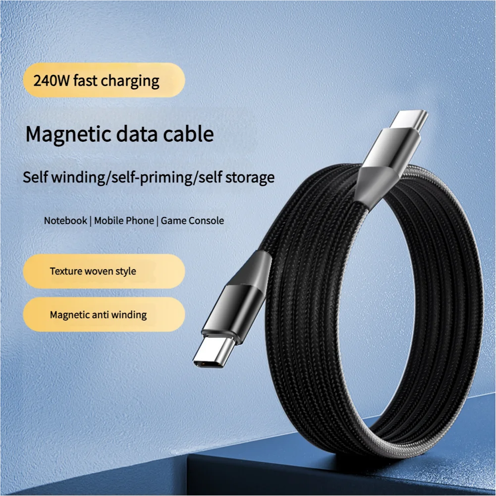 240W Magnetic USB-C Fast Charging Cable Braided Retractable Anti-Tangle for iPhone Huawei Laptop Car Travel Accessories