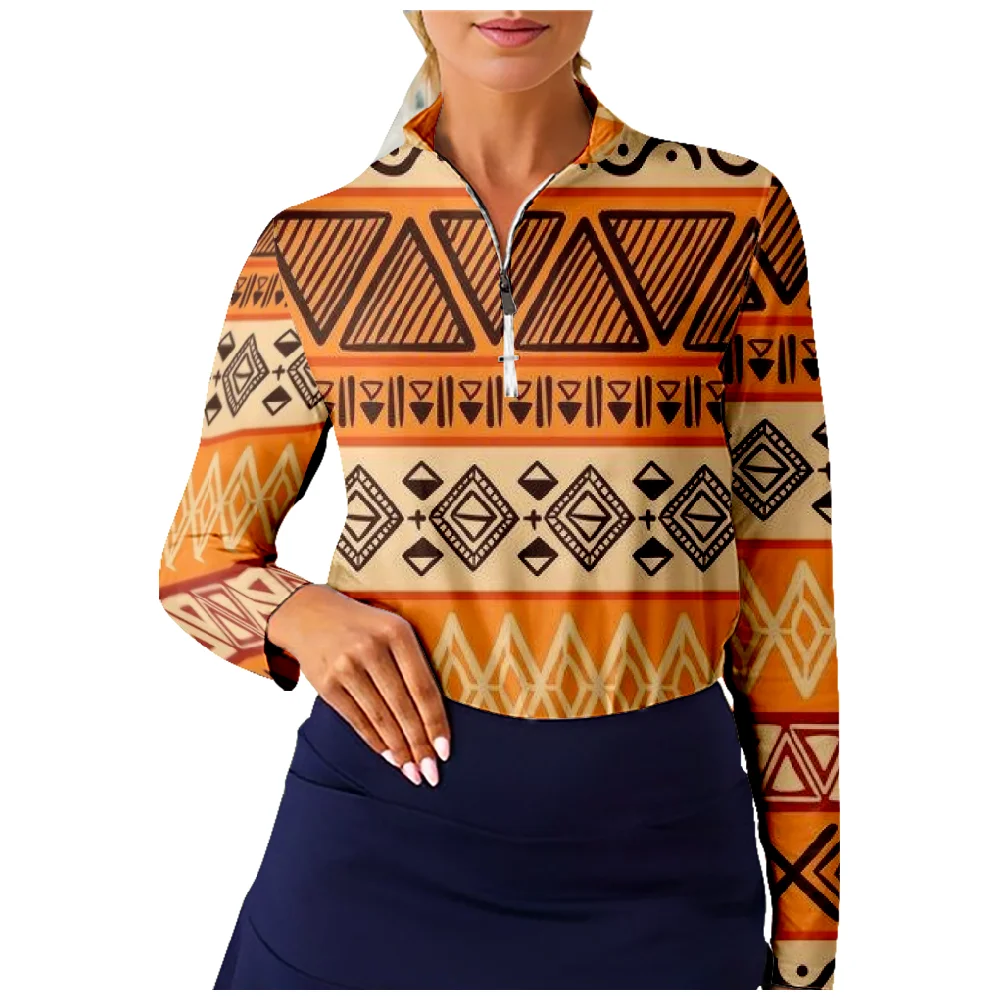 

Tribal Design Golf Shirt Women Long Sleeve Half Zip Breathable Quick Dry Tops Casual Sportswear